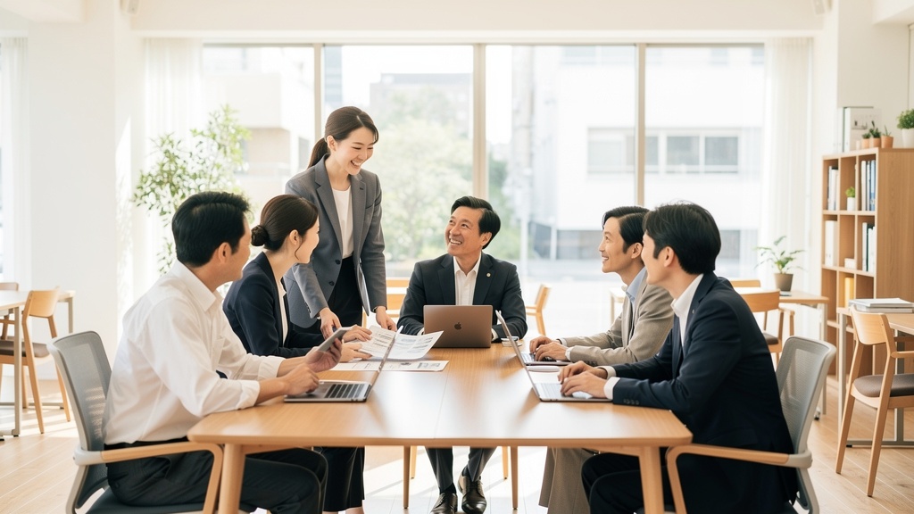 明るいオフィスで会話する社員たち